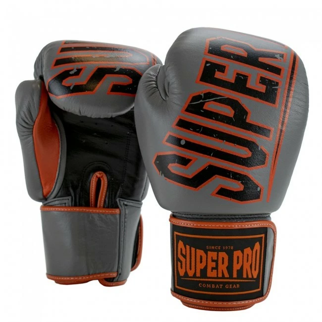 Super Pro Combat Gear Challenger Leder (Thai-)Boxhandschuhe Grau/Orange/Schwarz